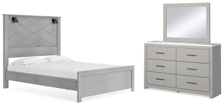 Cottonburg Queen Panel Bed with Mirrored Dresser in Light Gray/White - PKG017960