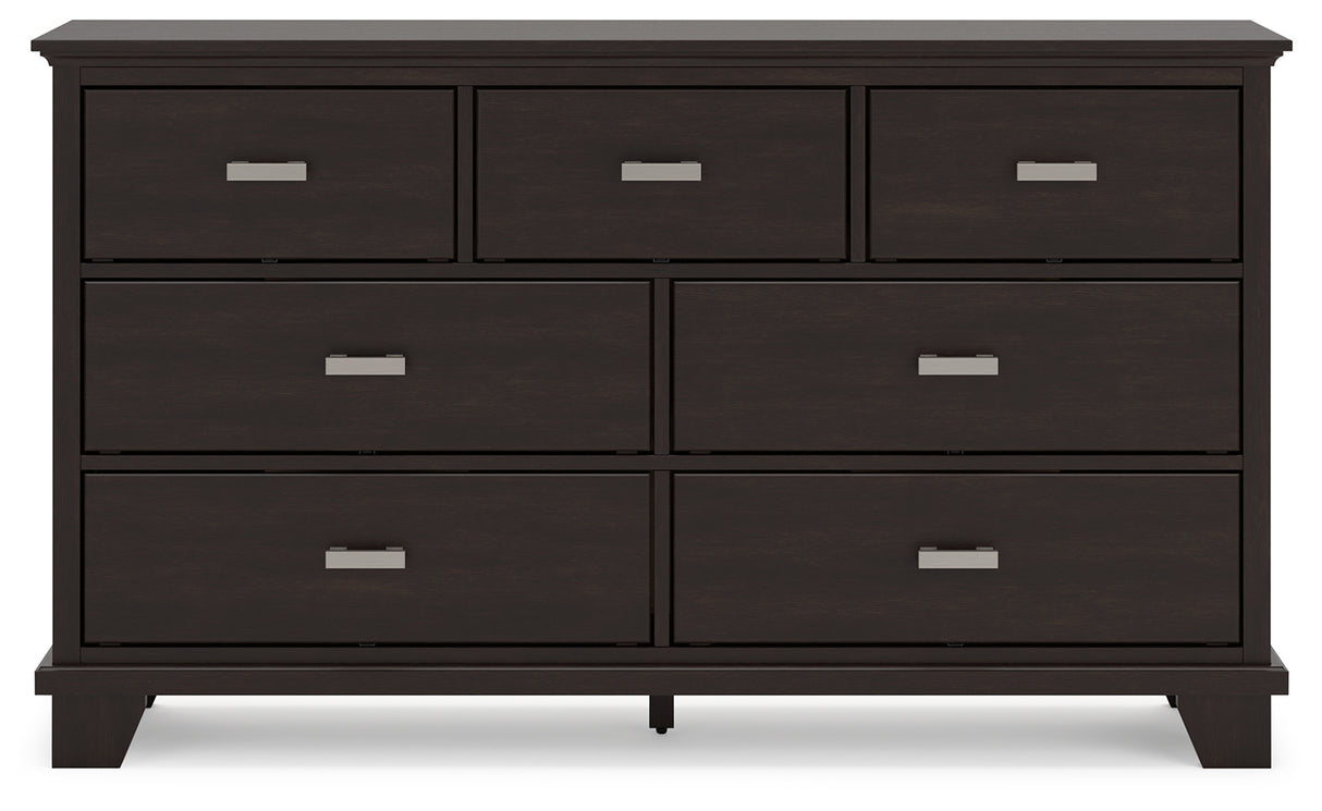 Covetown California King Panel Bed with Dresser and Nightstand in Dark Brown - PKG019184