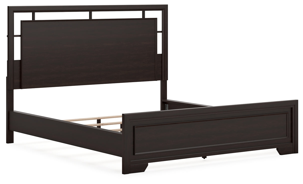 Covetown California King Panel Bed with Dresser and Nightstand in Dark Brown - PKG019184