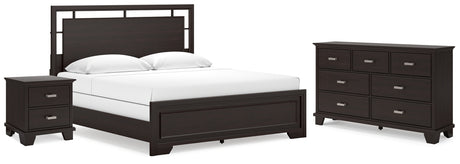 Covetown California King Panel Bed with Dresser and Nightstand in Dark Brown - PKG019184