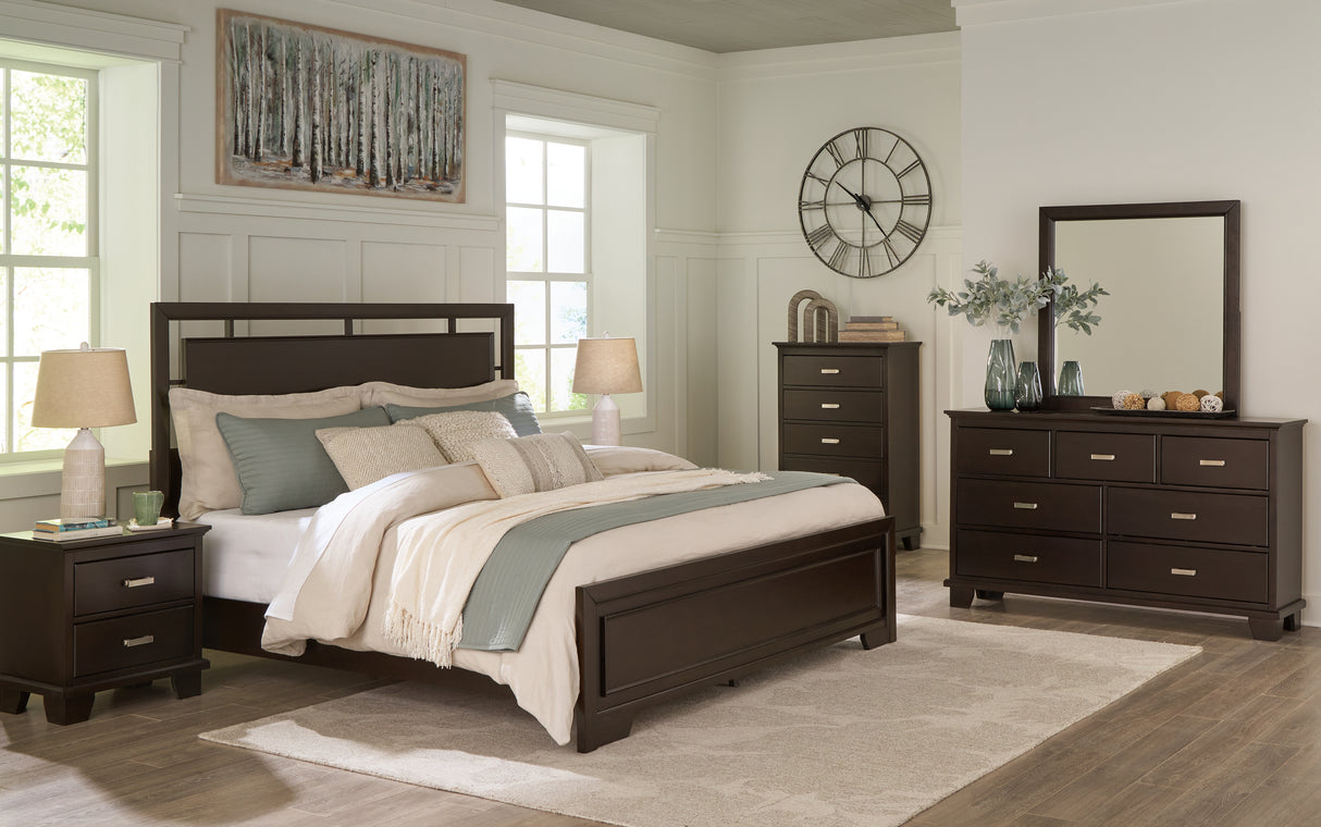 Covetown California King Panel Bed with Dresser and Nightstand in Dark Brown - PKG019184