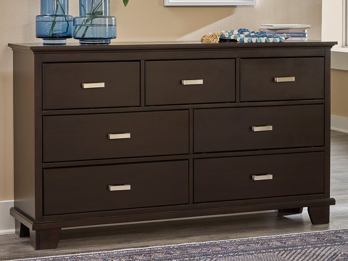 Covetown California King Panel Bed with Dresser and Nightstand in Dark Brown - PKG019184