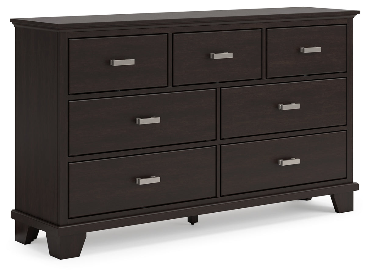 Covetown California King Panel Bed with Dresser and Nightstand in Dark Brown - PKG019184