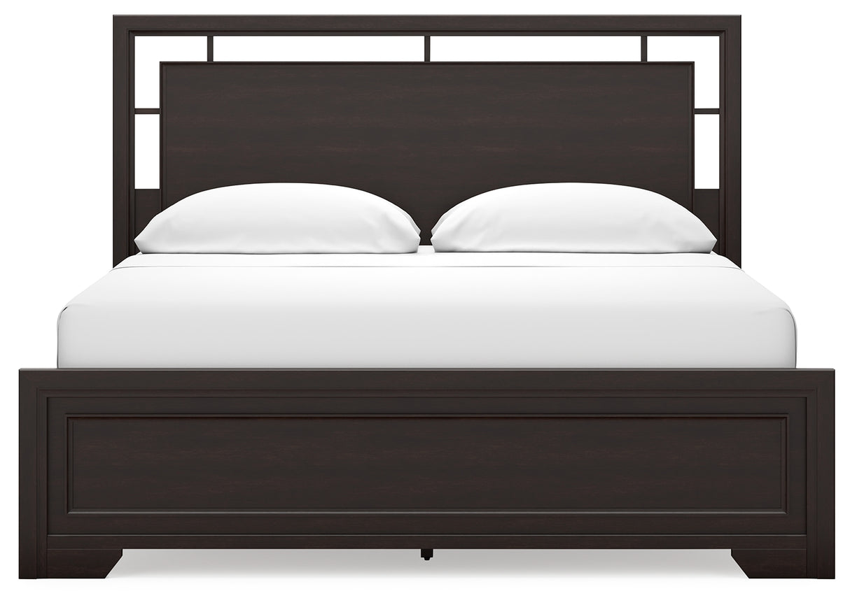 Covetown California King Panel Bed with Dresser and Nightstand in Dark Brown - PKG019184