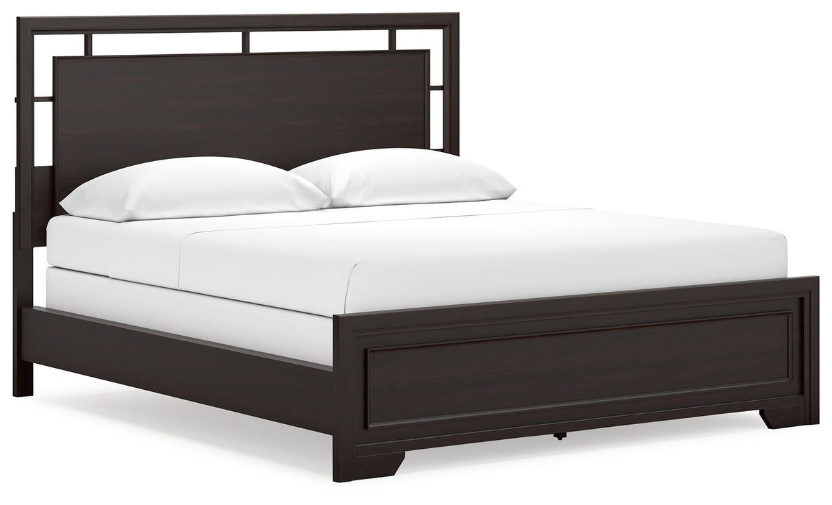 Covetown California King Panel Bed with Dresser and Nightstand in Dark Brown - PKG019184