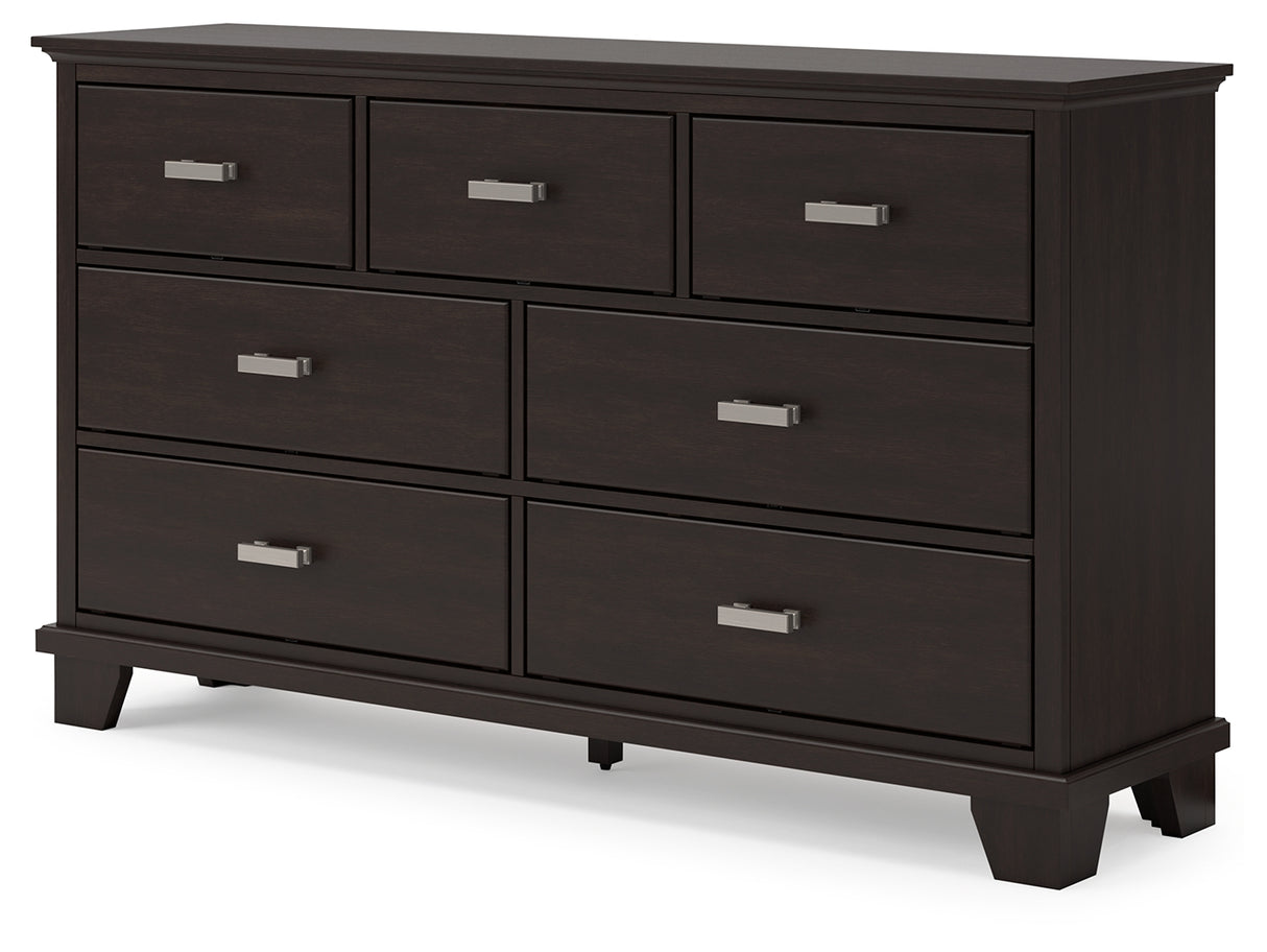 Covetown California King Panel Bed with Dresser in Dark Brown - PKG016817