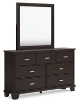 Covetown California King Panel Bed with Mirrored Dresser and Nightstand in Dark Brown - PKG016823