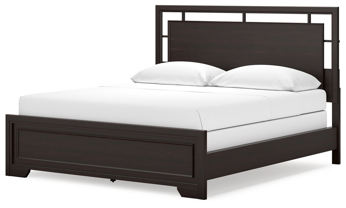 Covetown California King Panel Bed with Mirrored Dresser and Nightstand in Dark Brown - PKG016823