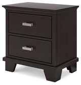 Covetown California King Panel Bed with Mirrored Dresser and Nightstand in Dark Brown - PKG016823