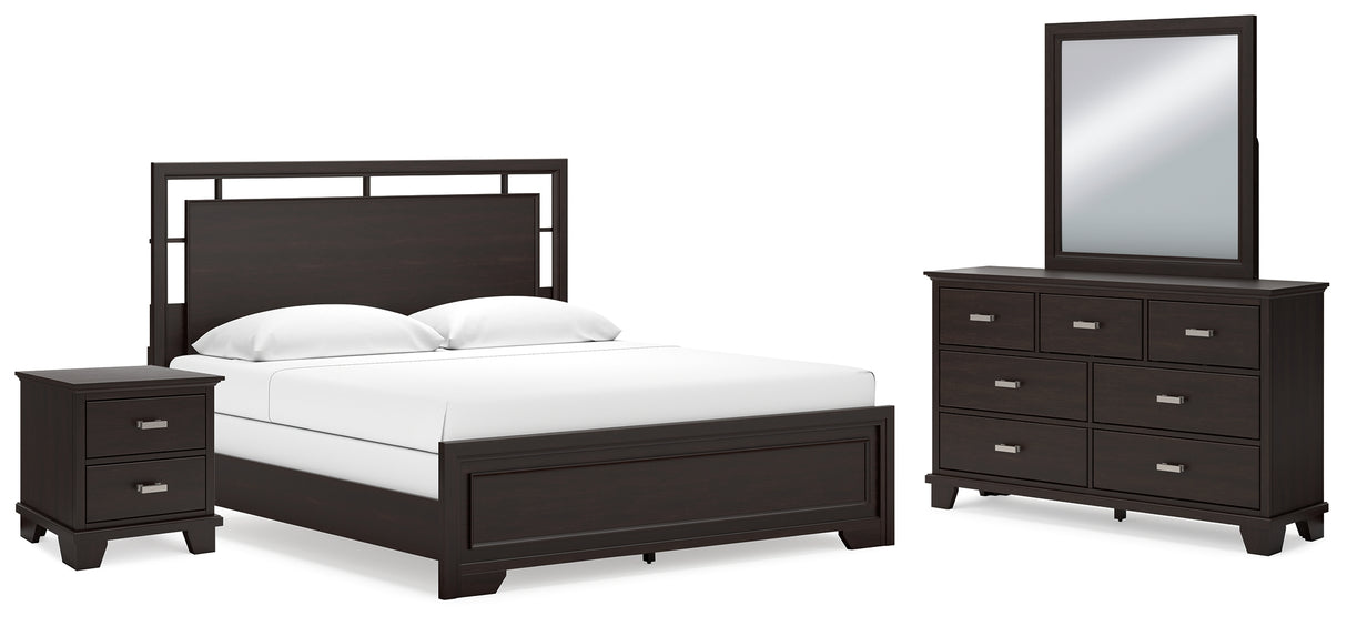 Covetown California King Panel Bed with Mirrored Dresser and Nightstand in Dark Brown - PKG016823