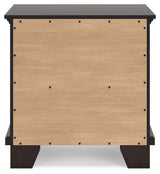 Covetown California King Panel Bed with Mirrored Dresser and Nightstand in Dark Brown - PKG016823