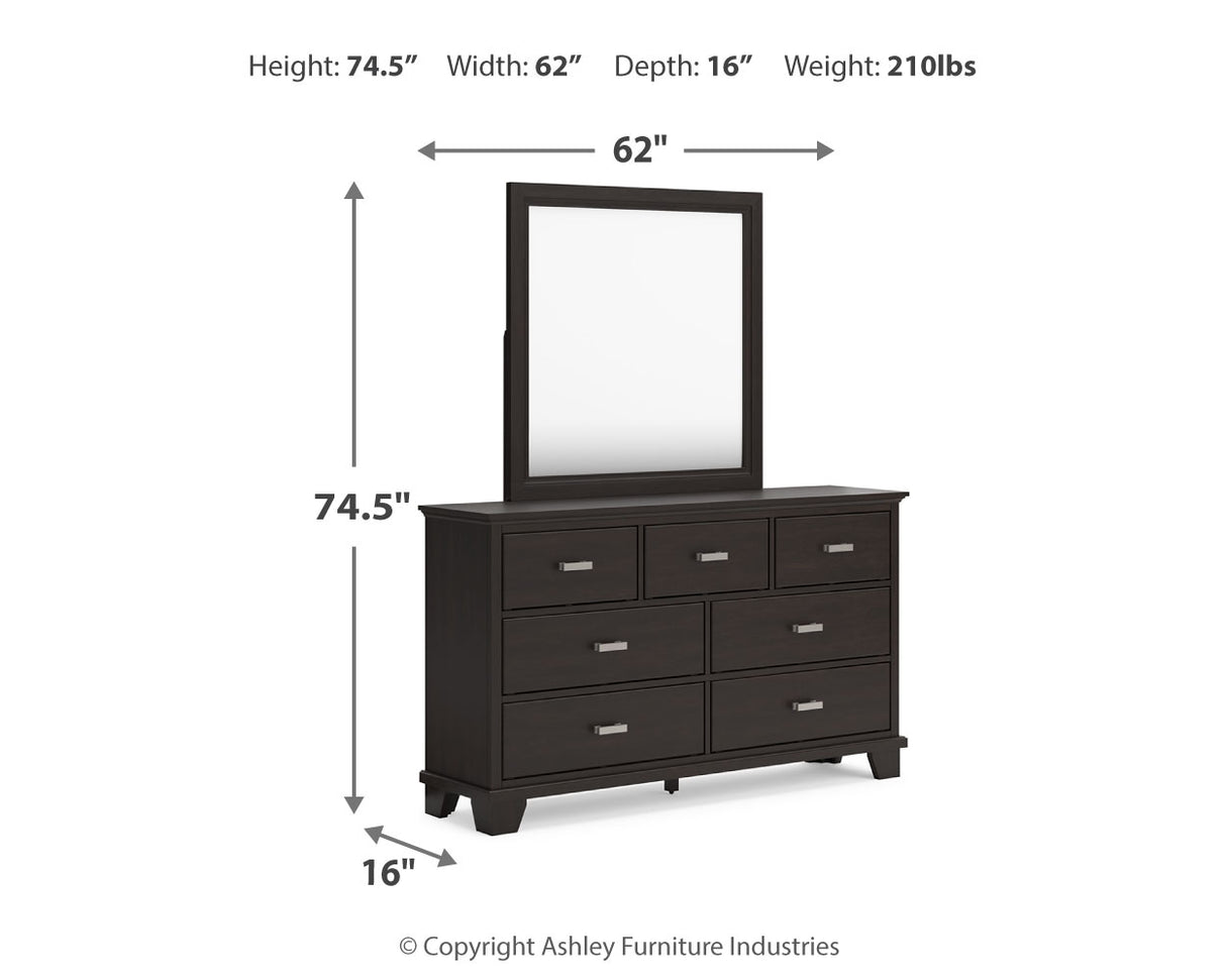 Covetown California King Panel Bed with Mirrored Dresser and Nightstand in Dark Brown - PKG016823