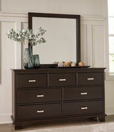 Covetown California King Panel Bed with Mirrored Dresser and Nightstand in Dark Brown - PKG016823