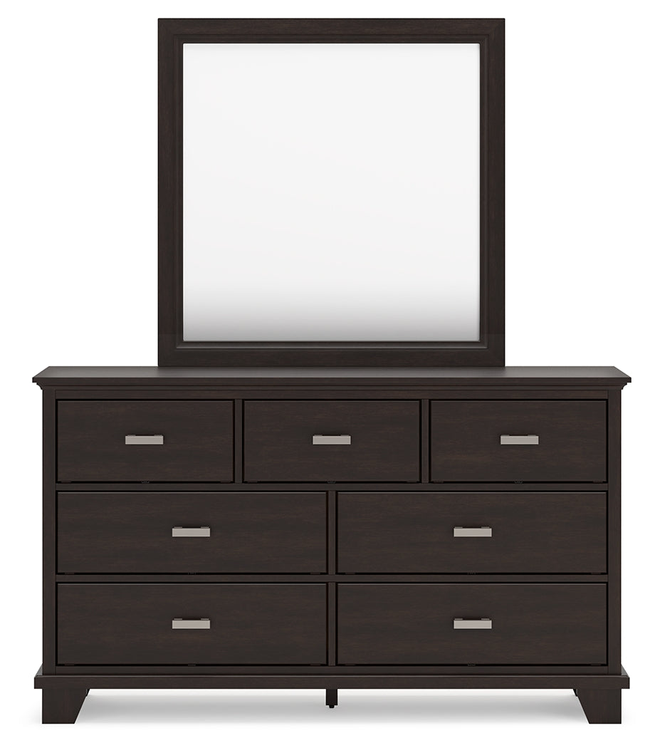 Covetown California King Panel Bed with Mirrored Dresser and Nightstand in Dark Brown - PKG016823