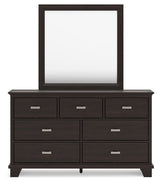 Covetown California King Panel Bed with Mirrored Dresser and Nightstand in Dark Brown - PKG016823