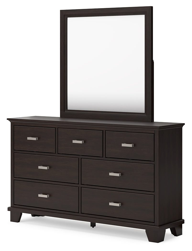 Covetown California King Panel Bed with Mirrored Dresser and Nightstand in Dark Brown - PKG016823