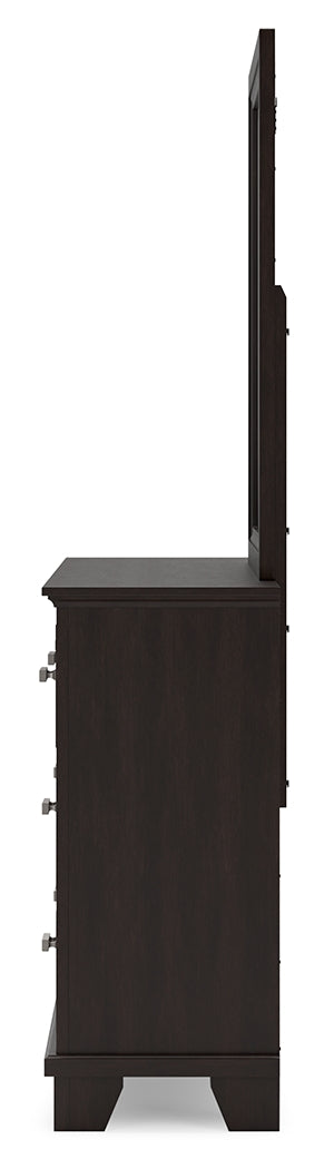 Covetown California King Panel Bed with Mirrored Dresser and Nightstand in Dark Brown - PKG016823