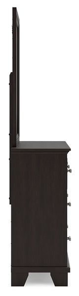 Covetown California King Panel Bed with Mirrored Dresser and Nightstand in Dark Brown - PKG016823