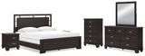 Covetown California King Panel Bed with Mirrored Dresser, Chest and 2 Nightstands in Dark Brown - PKG016822