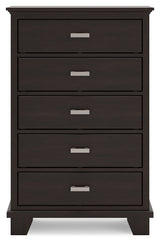 Covetown California King Panel Bed with Mirrored Dresser, Chest and 2 Nightstands in Dark Brown - PKG016822