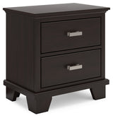 Covetown California King Panel Bed with Mirrored Dresser, Chest and 2 Nightstands in Dark Brown - PKG016822