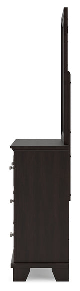 Covetown California King Panel Bed with Mirrored Dresser in Dark Brown - PKG016820