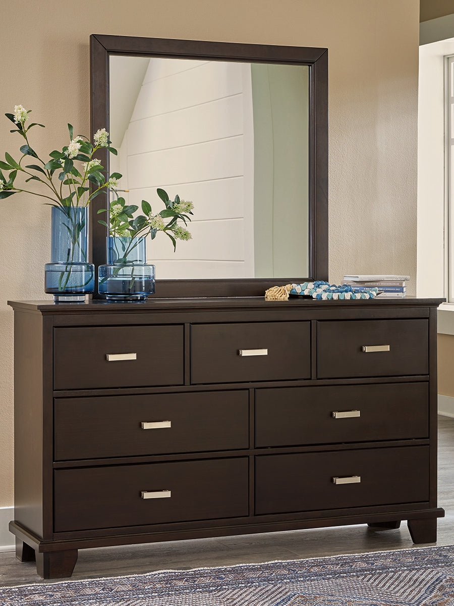 Covetown Full Panel Bed with Mirrored Dresser and 2 Nightstands in Dark Brown - PKG016627