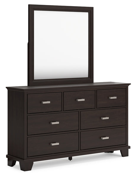 Covetown Full Panel Bed with Mirrored Dresser and Chest in Dark Brown - PKG016630