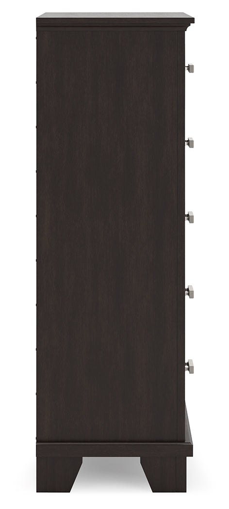 Covetown Full Panel Bed with Mirrored Dresser and Chest in Dark Brown - PKG016630