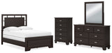 Covetown Full Panel Bed with Mirrored Dresser and Chest in Dark Brown - PKG016630