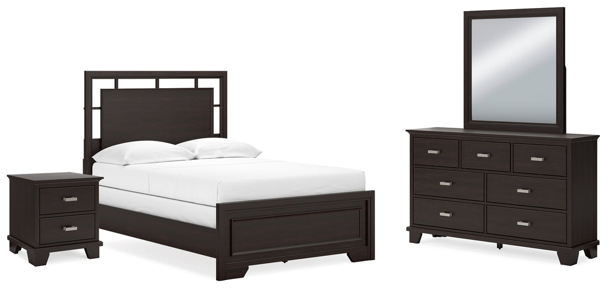 Covetown Full Panel Bed with Mirrored Dresser and Nightstand in Dark Brown - PKG016629