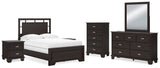 Covetown Full Panel Bed with Mirrored Dresser, Chest and 2 Nightstands in Dark Brown - PKG016628