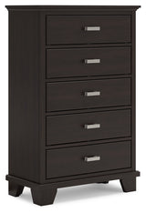 Covetown Full Panel Bed with Mirrored Dresser, Chest and 2 Nightstands in Dark Brown - PKG016628