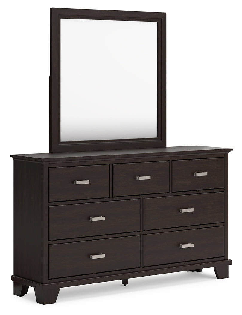 Covetown Full Panel Bed with Mirrored Dresser, Chest and 2 Nightstands in Dark Brown - PKG016628