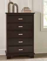 Covetown Full Panel Bed with Mirrored Dresser, Chest and 2 Nightstands in Dark Brown - PKG016628