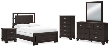 Covetown Full Panel Bed with Mirrored Dresser, Chest and Nightstand in Dark Brown - PKG016631