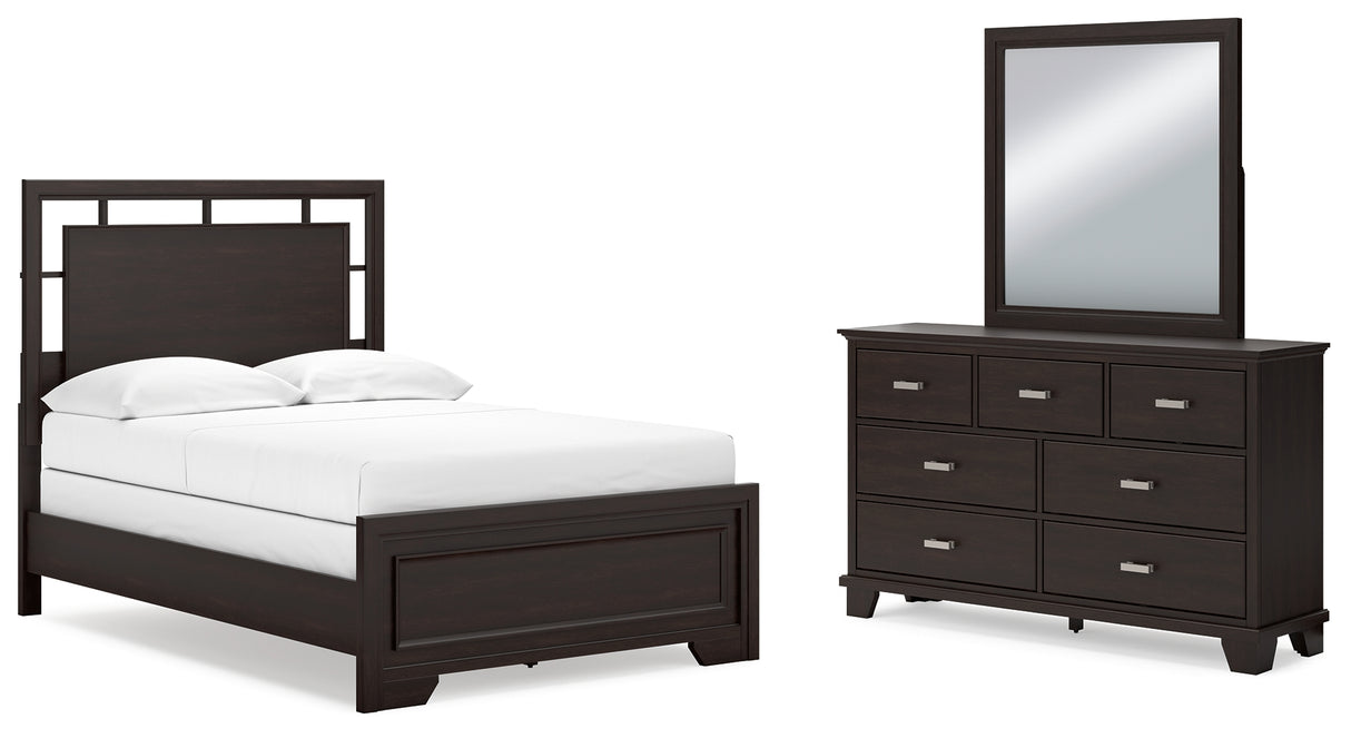 Covetown Full Panel Bed with Mirrored Dresser in Dark Brown - PKG016626