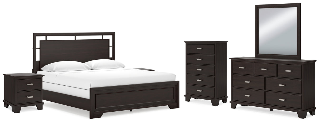 Covetown King Panel Bed with Mirrored Dresser, Chest and 2 Nightstands in Dark Brown - PKG016813