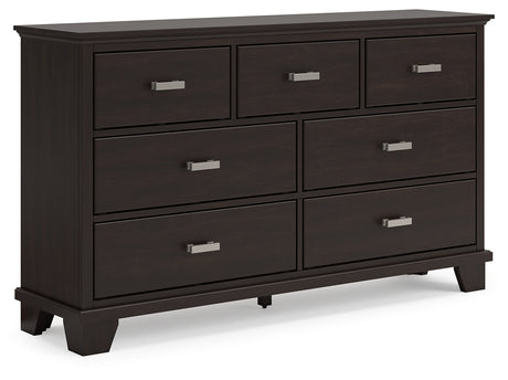 Covetown Twin Panel Bed with Dresser and 2 Nightstands in Dark Brown - PKG016615