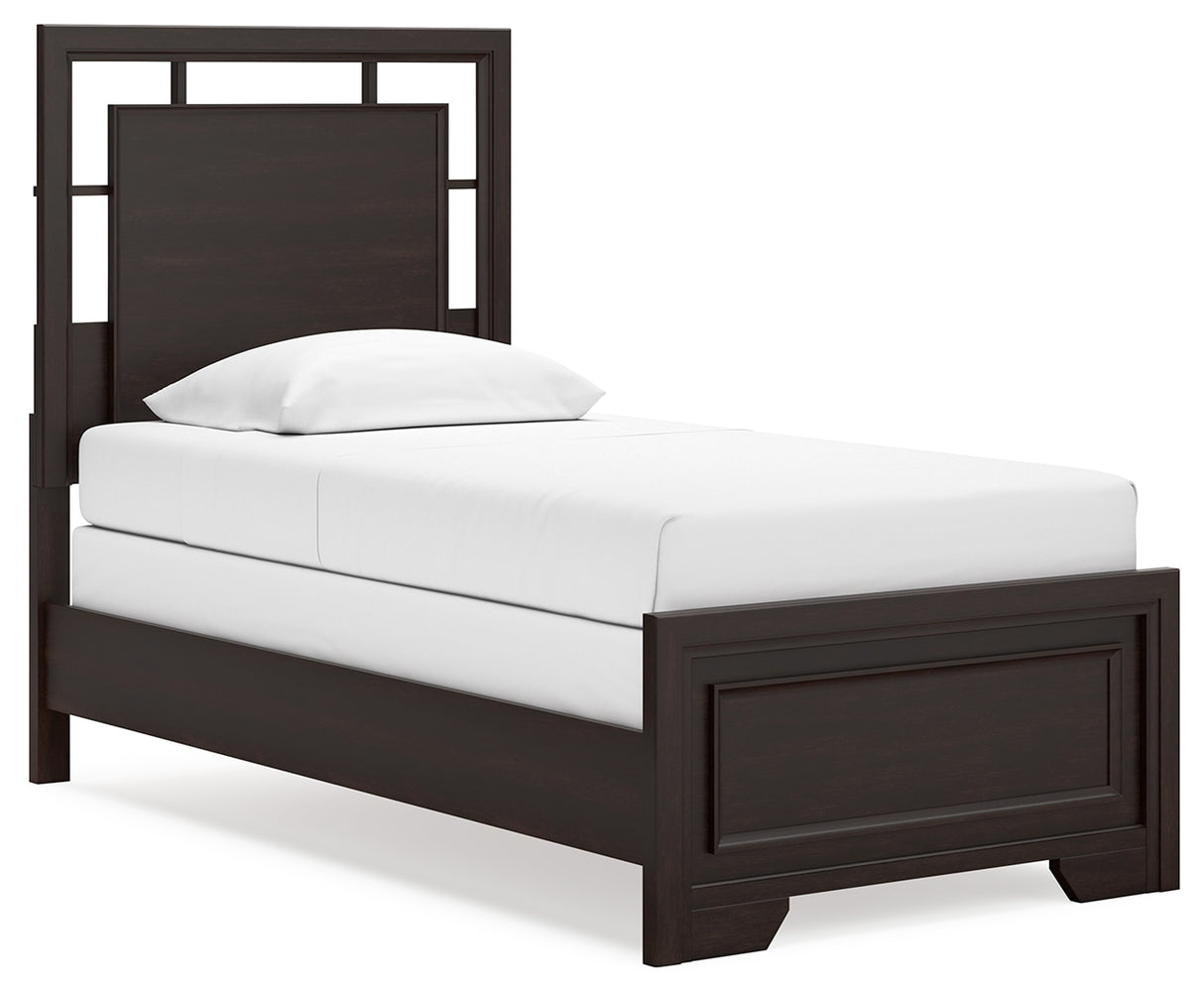 Covetown Twin Panel Bed with Dresser and 2 Nightstands in Dark Brown - PKG016615