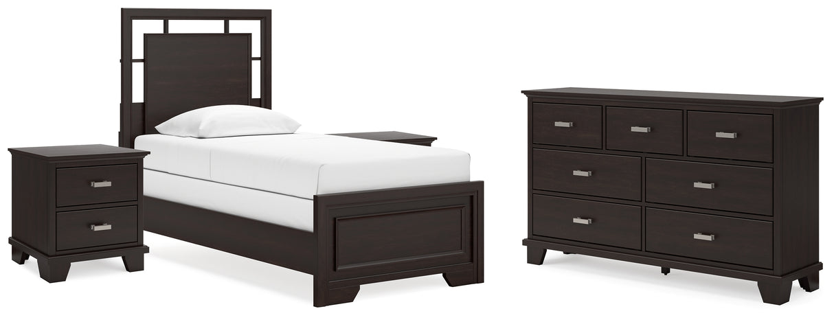 Covetown Twin Panel Bed with Dresser and 2 Nightstands in Dark Brown - PKG016615