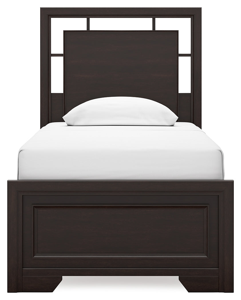 Covetown Twin Panel Bed with Dresser and Nightstand in Dark Brown - PKG019186