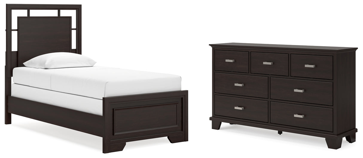 Covetown Twin Panel Bed with Dresser in Dark Brown - PKG016614