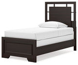 Covetown Twin Panel Bed with Mirrored Dresser and 2 Nightstands in Dark Brown - PKG016618