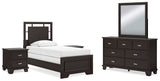 Covetown Twin Panel Bed with Mirrored Dresser and 2 Nightstands in Dark Brown - PKG016618