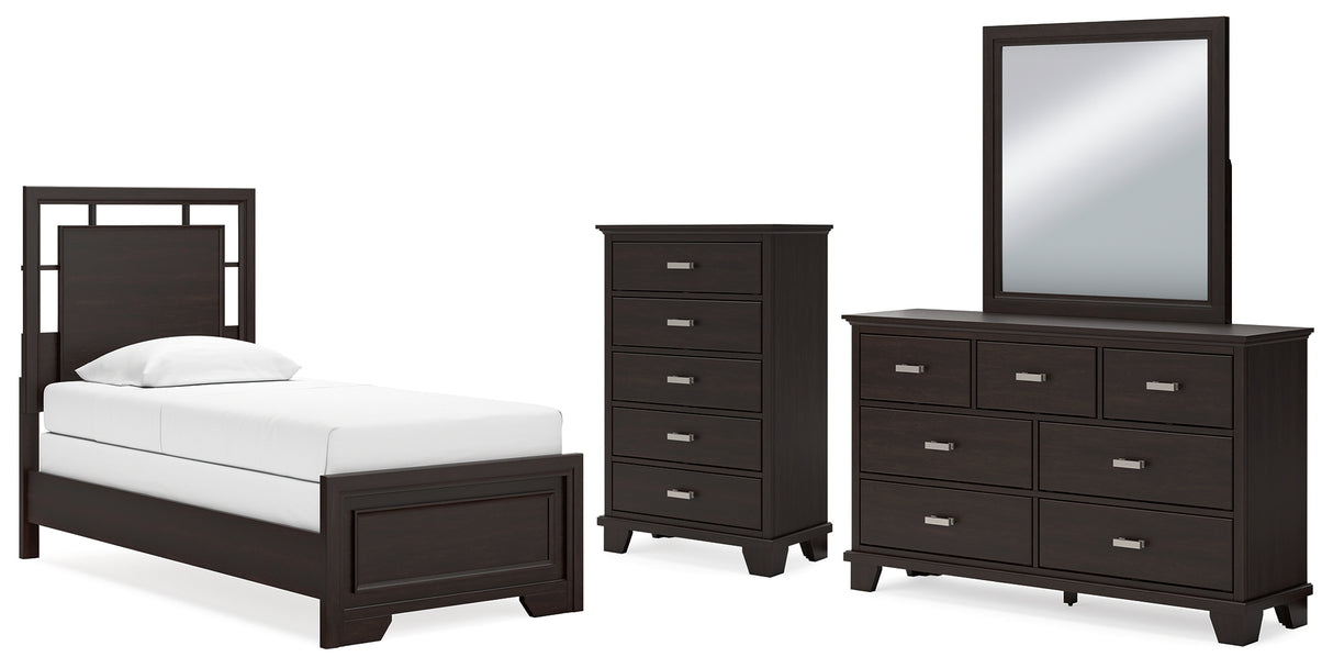 Covetown Twin Panel Bed with Mirrored Dresser and Chest in Dark Brown - PKG016621