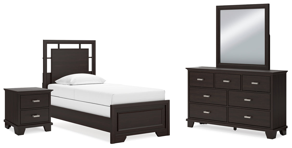 Covetown Twin Panel Bed with Mirrored Dresser and Nightstand in Dark Brown - PKG016620