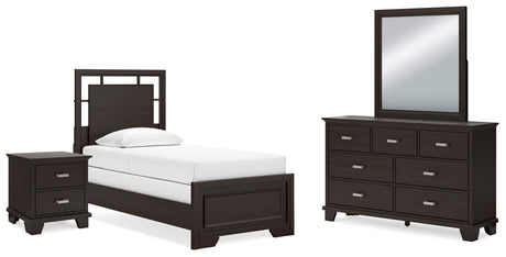 Covetown Twin Panel Bed with Mirrored Dresser and Nightstand in Dark Brown - PKG016620