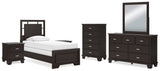 Covetown Twin Panel Bed with Mirrored Dresser, Chest and 2 Nightstands in Dark Brown - PKG016619