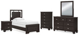 Covetown Twin Panel Bed with Mirrored Dresser, Chest and Nightstand in Dark Brown - PKG016622